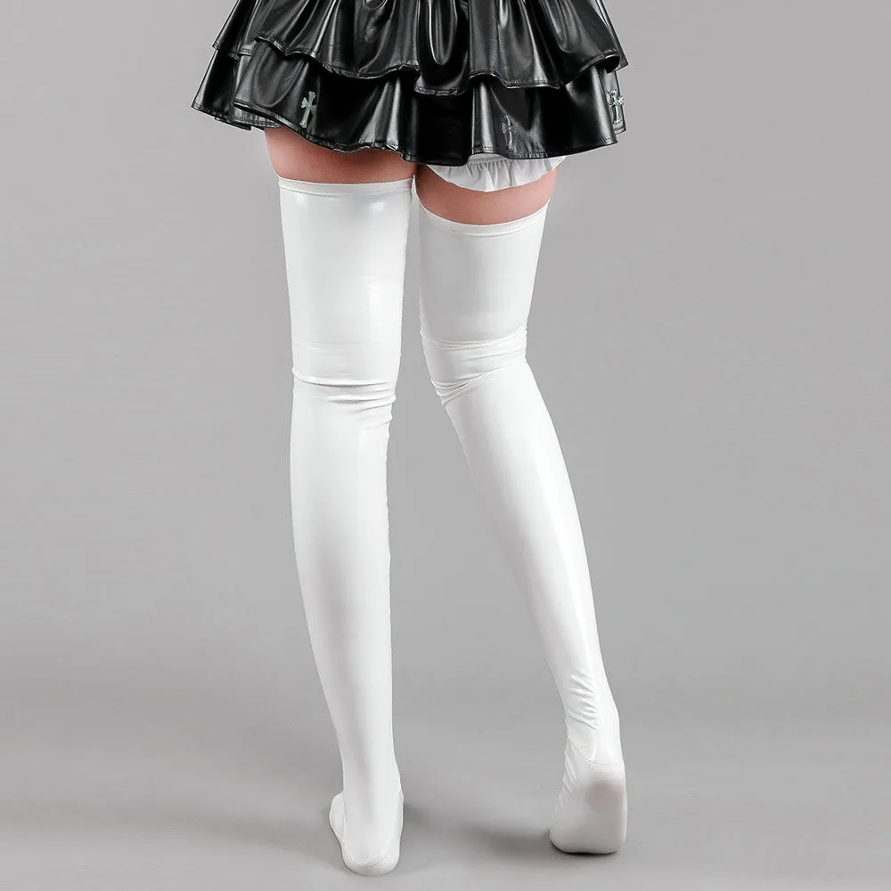 Cute Latex Thigh High Stocking 2 Color Shiny Faux Leather Cat Paw Thigh High Socks