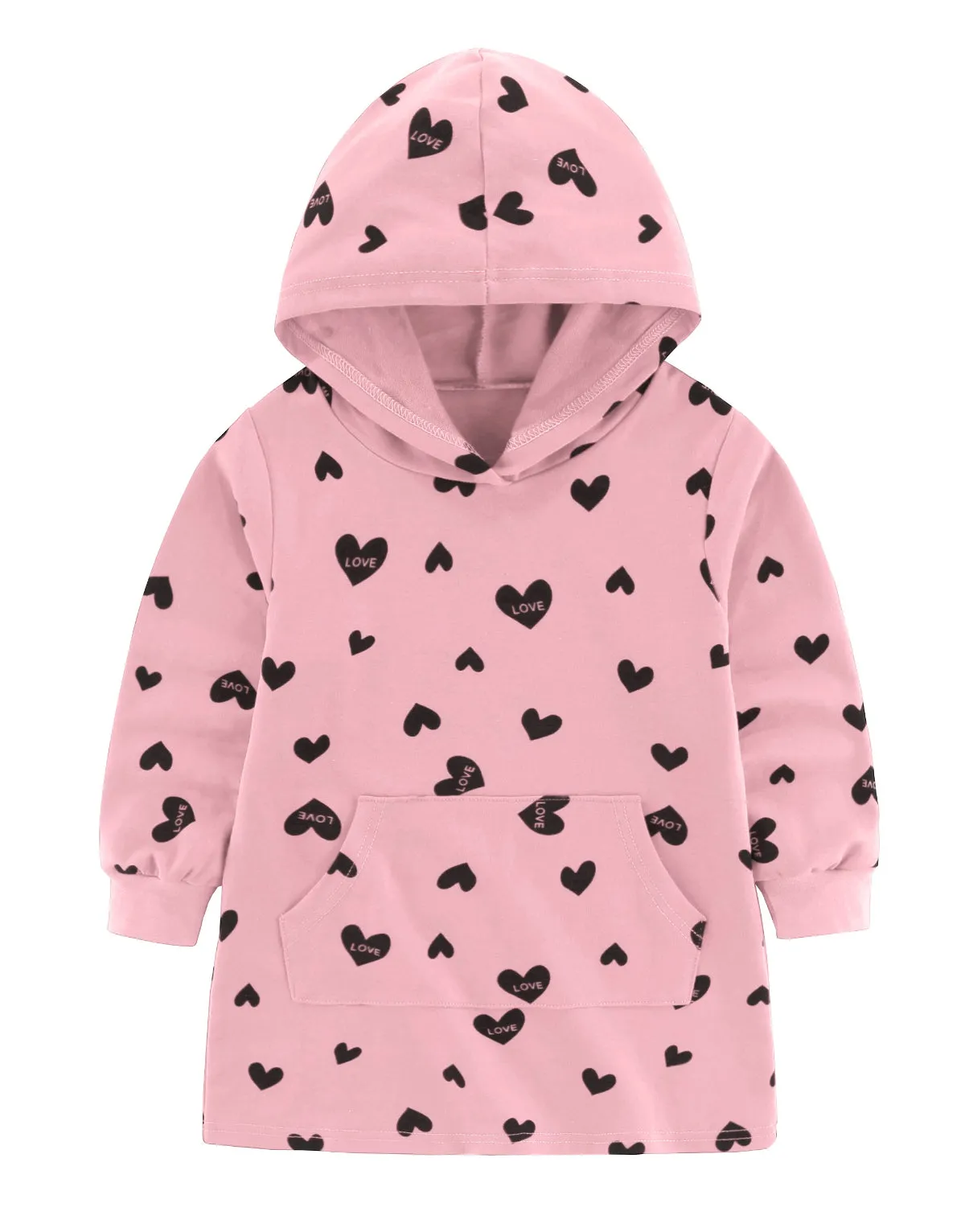 Doralove Toddler Girls Hoodies Dress Heart Print Casual Long Sleeve Kangaroo Pocket Sweatshirt
