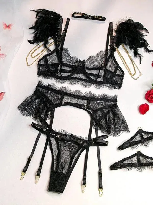 Feather Stitching Women Sexy Lingerie Set