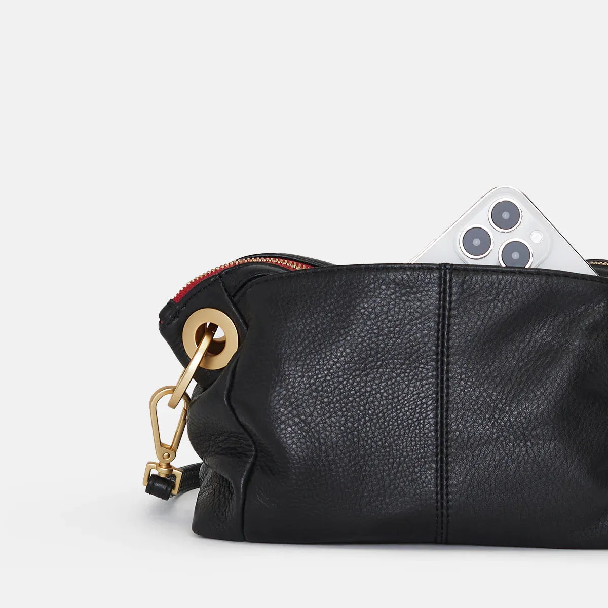Hammitt Daniel Sml Leather Crossbody Clutch Bag Black/Brushed Gold Red Zip