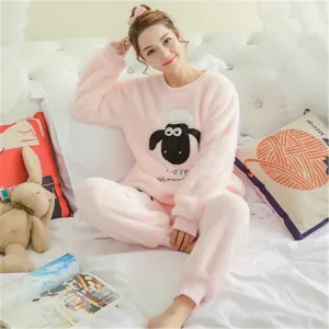 JULY'S SONG Women Pajama Sets 2019 Autumn Winter Pajamas Flannel Cartoon Thick Warm Women Sleepwear Cute Animal Female Homewear