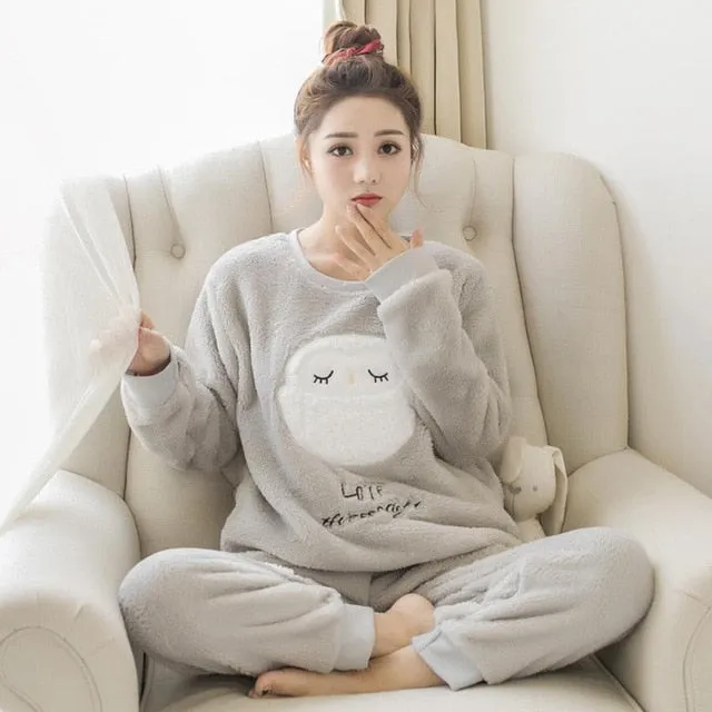 JULY'S SONG Women Pajama Sets 2019 Autumn Winter Pajamas Flannel Cartoon Thick Warm Women Sleepwear Cute Animal Female Homewear