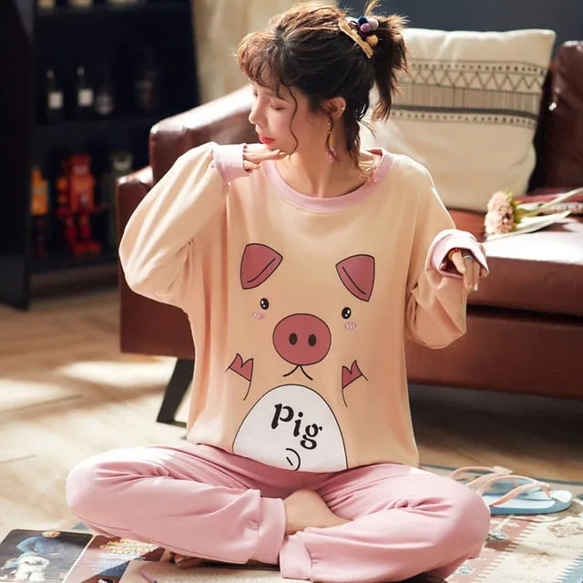 JULY'S SONG Women Pajamas Set Spring Autumn New Thin Cartoon Printed Long Sleeve Cute Sleepwear Casual Homewear Female Pyjamas