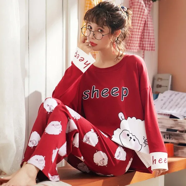JULY'S SONG Women Pajamas Set Spring Autumn New Thin Cartoon Printed Long Sleeve Cute Sleepwear Casual Homewear Female Pyjamas