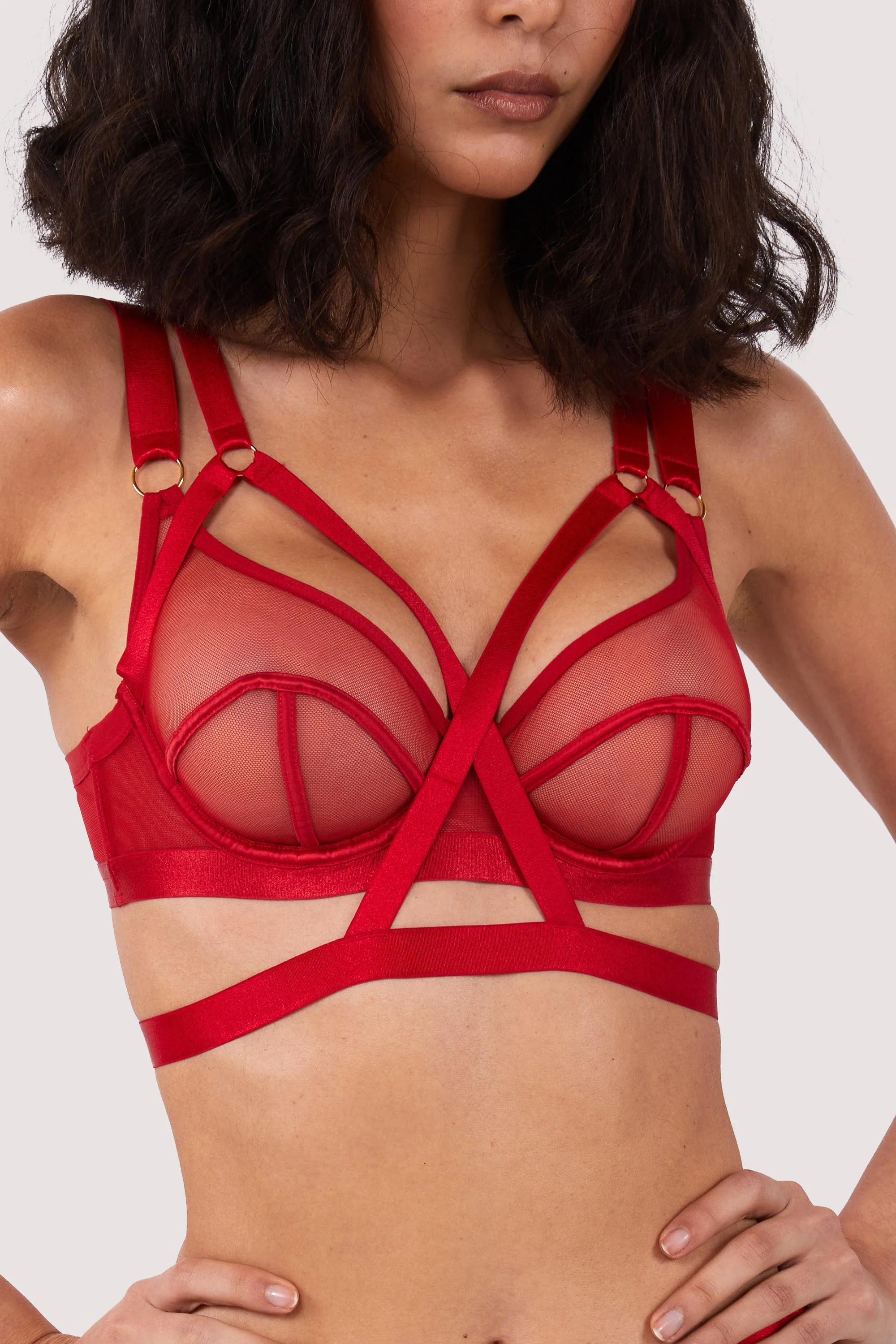 Mercury Red Harness Mesh Balcony Bra
