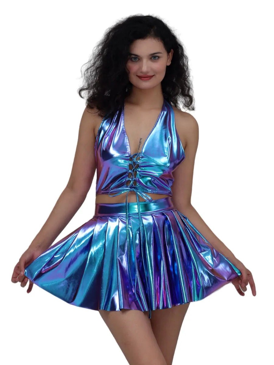 Metallic Lace-up Two Piece Rave Outfit