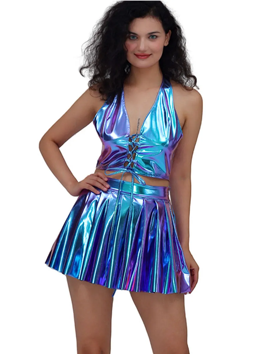 Metallic Lace-up Two Piece Rave Outfit