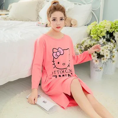 Plus Size Ladies Cartoon Sleepwear Long Sleeve Cute Nightdress Negligee Summer Cotton Nightgown Casual Nightshirt Home Dress