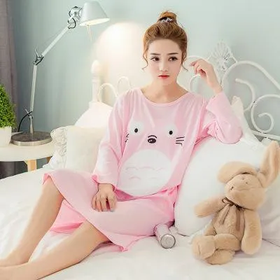 Plus Size Ladies Cartoon Sleepwear Long Sleeve Cute Nightdress Negligee Summer Cotton Nightgown Casual Nightshirt Home Dress