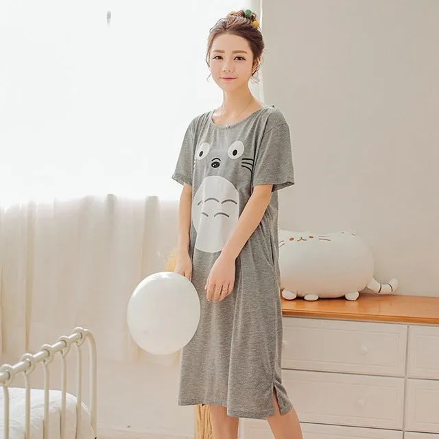 Plus Size Ladies Cartoon Sleepwear Long Sleeve Cute Nightdress Negligee Summer Cotton Nightgown Casual Nightshirt Home Dress
