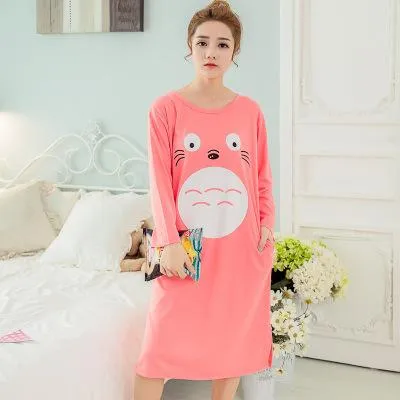 Plus Size Ladies Cartoon Sleepwear Long Sleeve Cute Nightdress Negligee Summer Cotton Nightgown Casual Nightshirt Home Dress