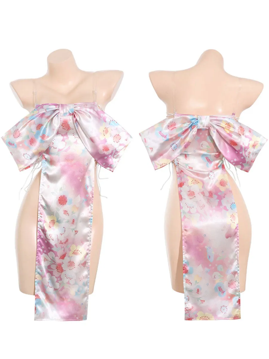 Satin Floral Print Kimono Inspired Dress