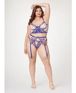 Sheer Stretch Mesh W/floral Contrast Embroidery Bustier. Garter Belt & Thong Blue/nude