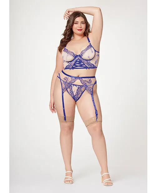 Sheer Stretch Mesh W/floral Contrast Embroidery Bustier. Garter Belt & Thong Blue/nude
