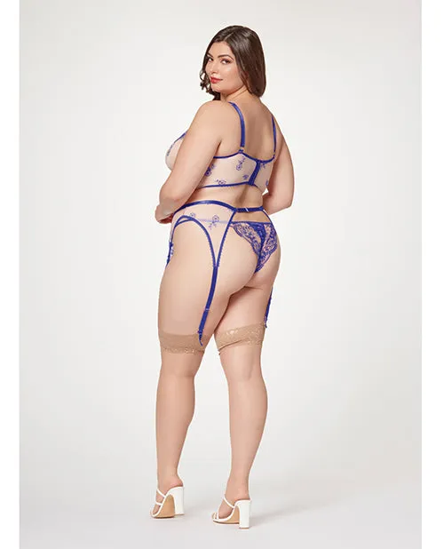 Sheer Stretch Mesh W/floral Contrast Embroidery Bustier. Garter Belt & Thong Blue/nude