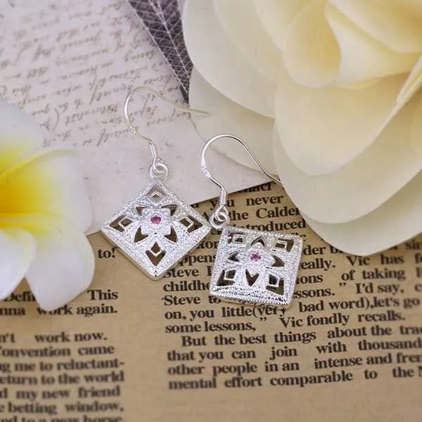 silver plated earrings Flower Square drop orecchini jewelry ELY