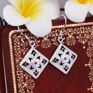 silver plated earrings Flower Square drop orecchini jewelry ELY