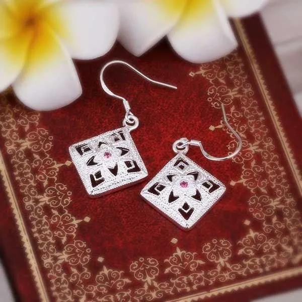 silver plated earrings Flower Square drop orecchini jewelry ELY