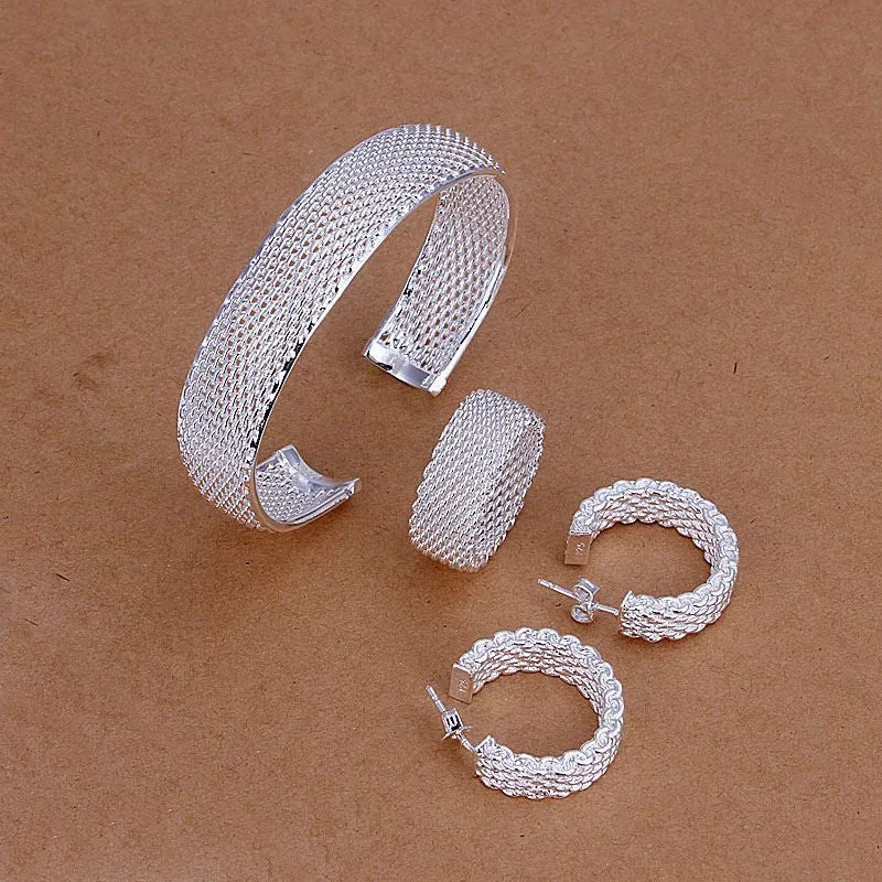 silver plated net jewelry sets necklace bracelet bangle earring ring SMTS249 ELY