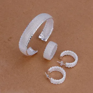 silver plated net jewelry sets necklace bracelet bangle earring ring SMTS249 ELY