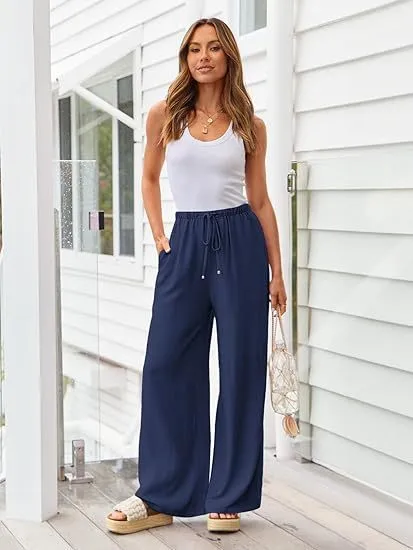 Women Casual Lightweight Drawstring Elastic Waist Pants With Pockets