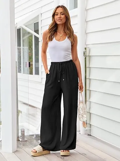 Women Casual Lightweight Drawstring Elastic Waist Pants With Pockets