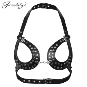 Women PU Leather Classic Black Open Cup Adjustable Wetlook Sexy Body Chain Harness Bra Belt with Buckles and Rivets