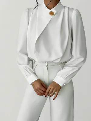 Women's Elegant And Simple Commuting Metal Buckle Long Sleeved Solid Color Design Shirt