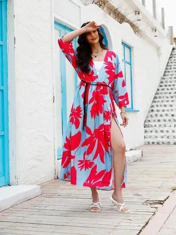 Womens Floral Chiffon Midi Dress