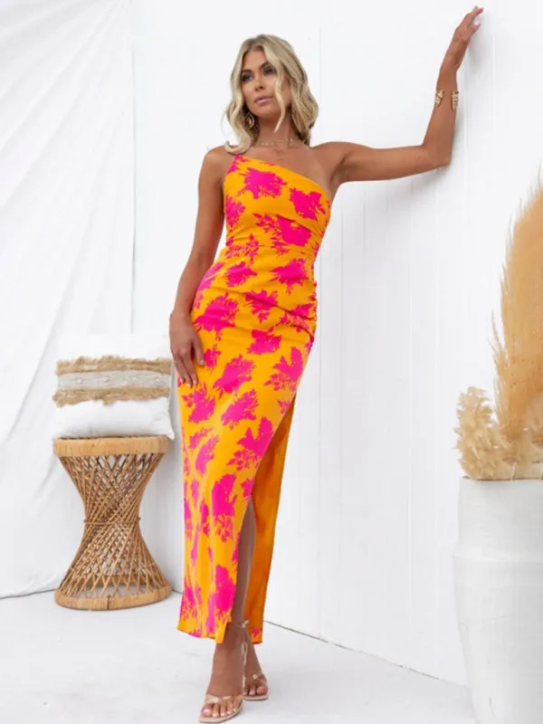 Women's Printed Slit-in One Shoulder Bodycon Dress