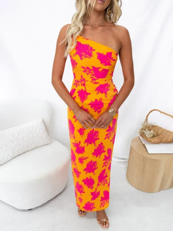 Women's Printed Slit-in One Shoulder Bodycon Dress