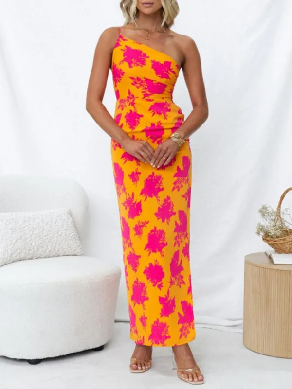 Women's Printed Slit-in One Shoulder Bodycon Dress