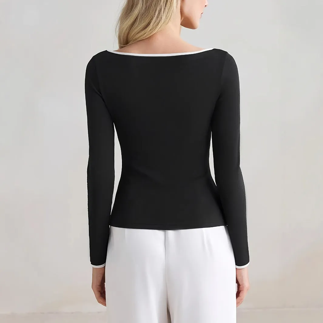 Women's Slim-fit Elegant Color-matching Long-sleeved Casual T-shirt