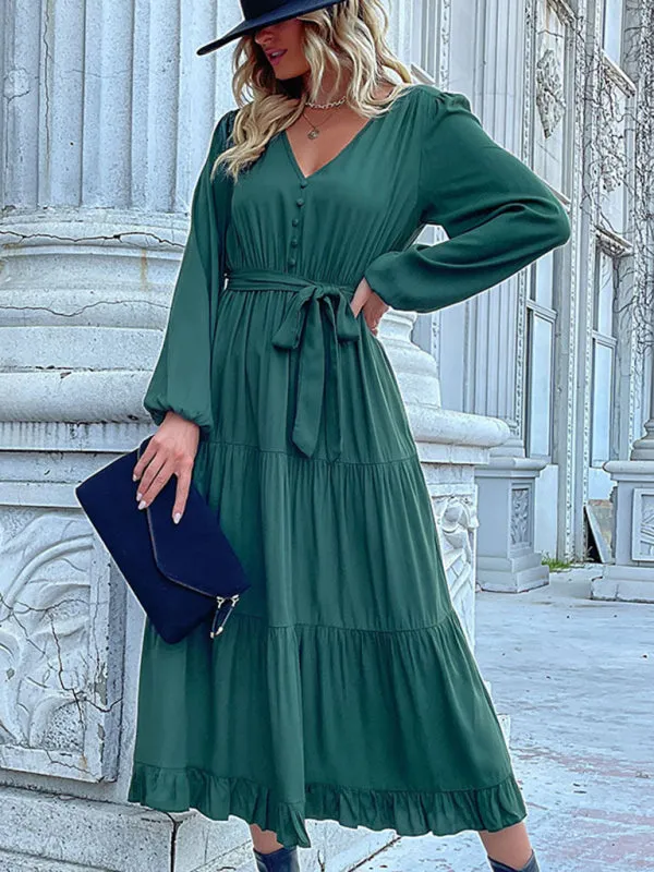 Women's V-Neck Long-Sleeved Pleated Dress