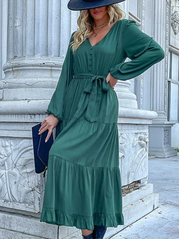 Women's V-Neck Long-Sleeved Pleated Dress