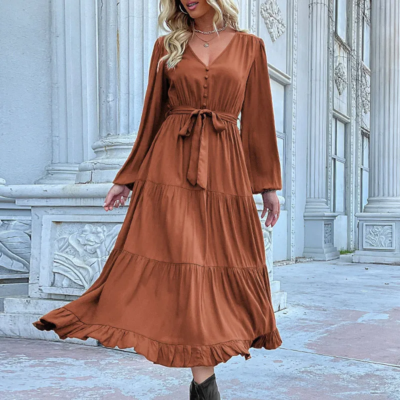 Women's V-Neck Long-Sleeved Pleated Dress