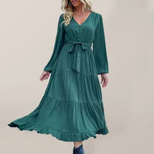 Women's V-Neck Long-Sleeved Pleated Dress