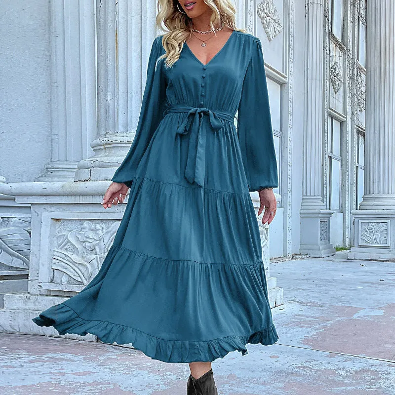 Women's V-Neck Long-Sleeved Pleated Dress