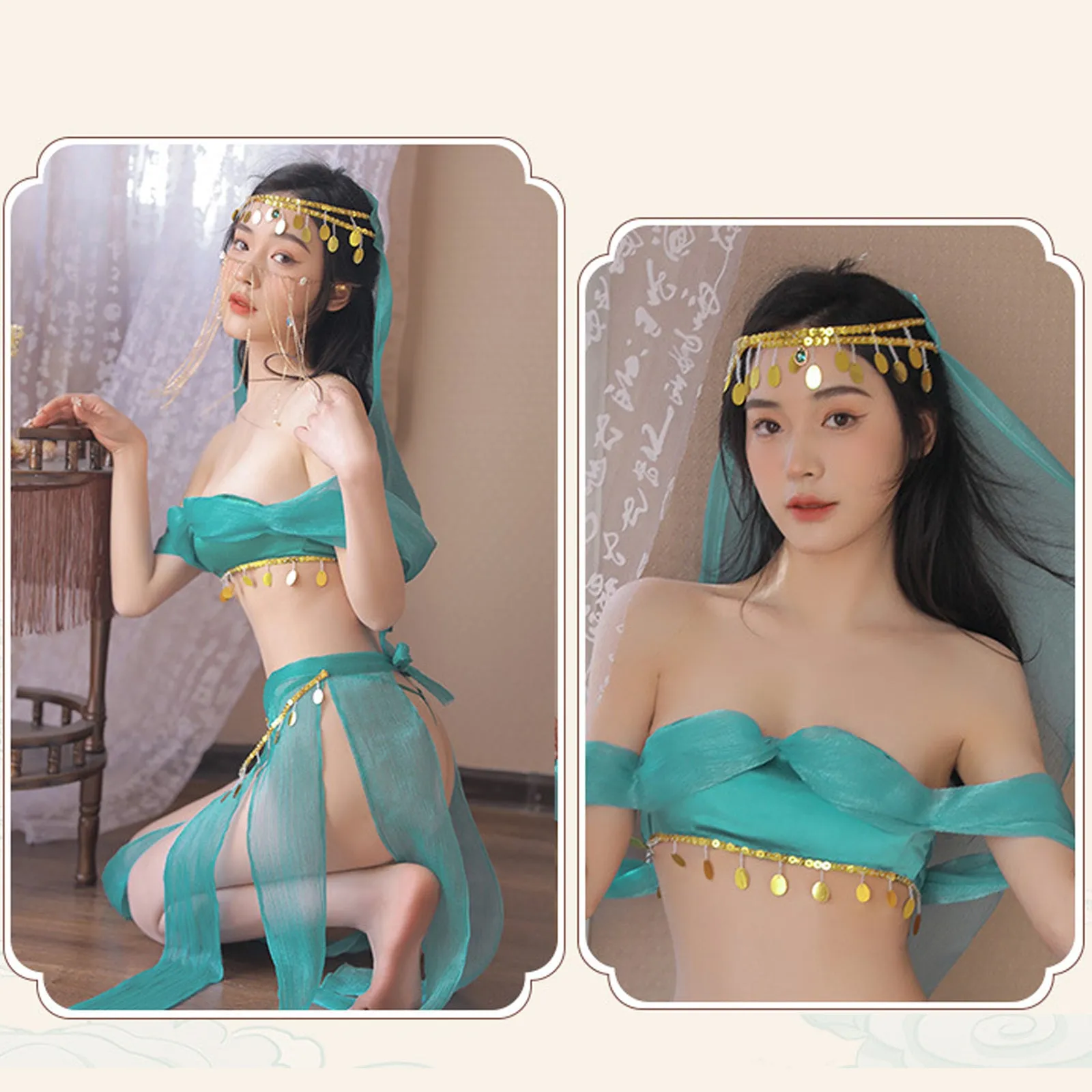 Yomorio Oasis Princess Costume Arabian Erotic Lingerie Set Off Shoulder Tube Top with Slit Skirt