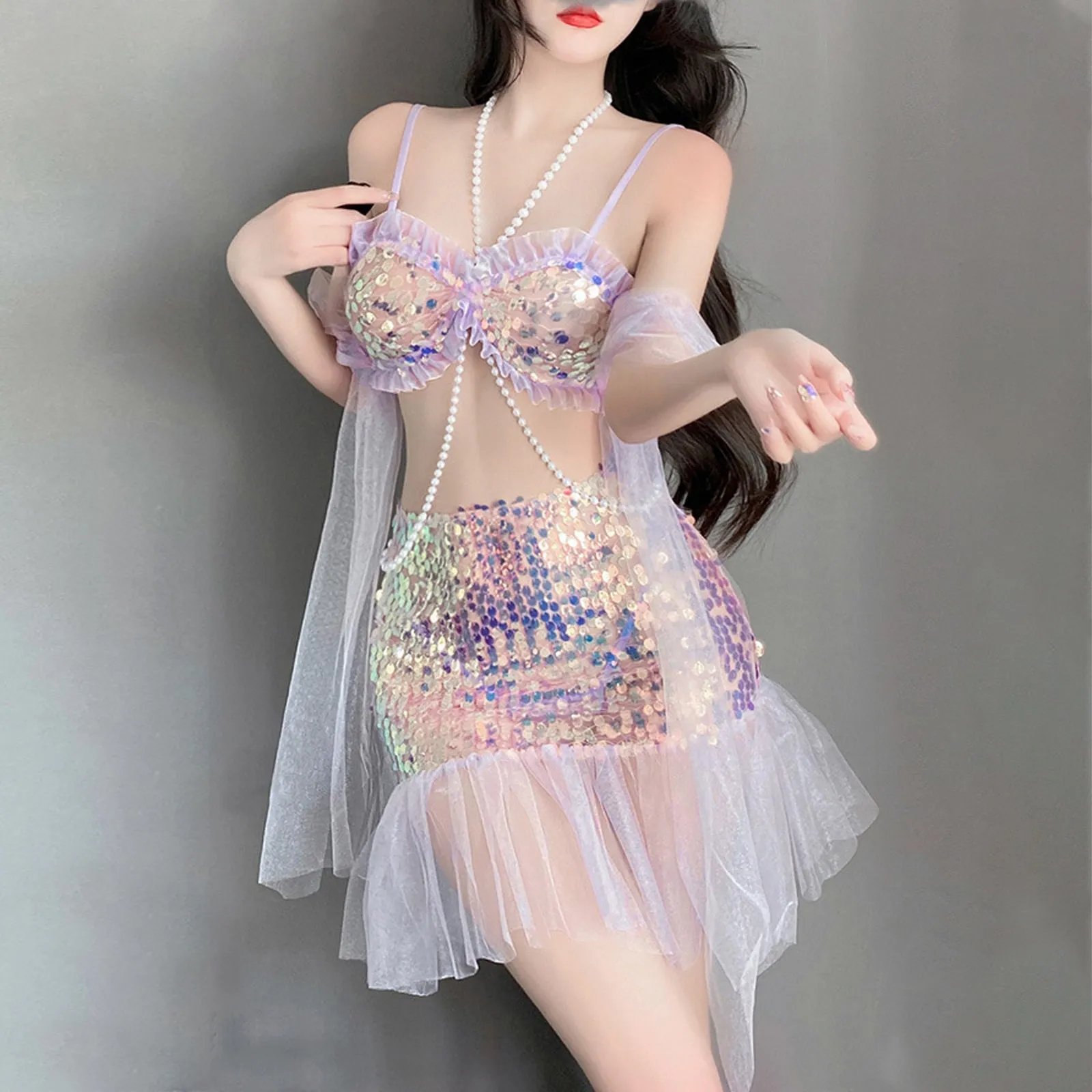 Yomorio Sexy Mermaid Lingerie Set Sequins Mermaid Cosplay Outfit Adult Halloween Costume