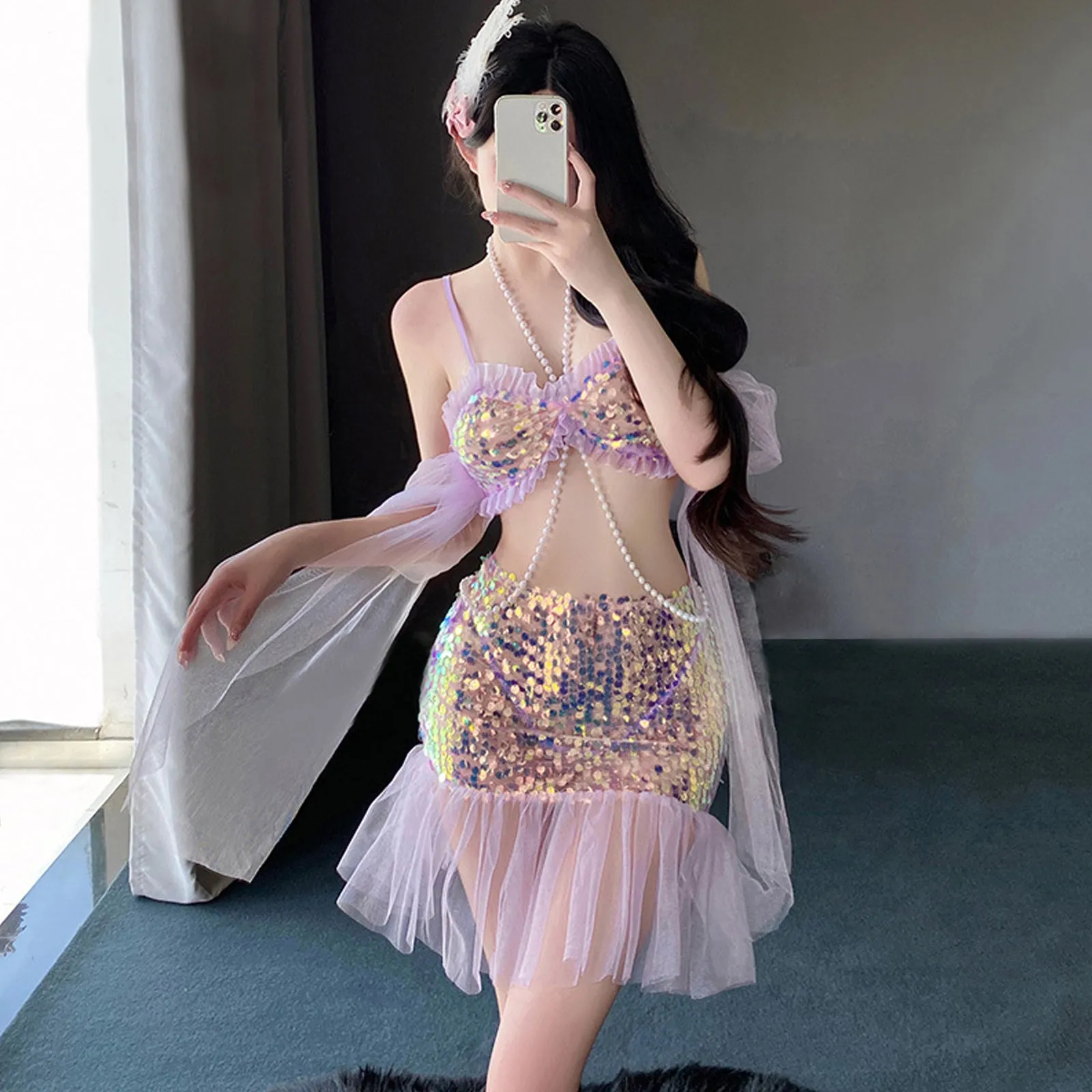 Yomorio Sexy Mermaid Lingerie Set Sequins Mermaid Cosplay Outfit Adult Halloween Costume
