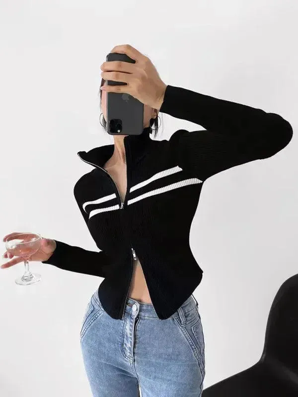 Zipper Striped Cardigan Sweater