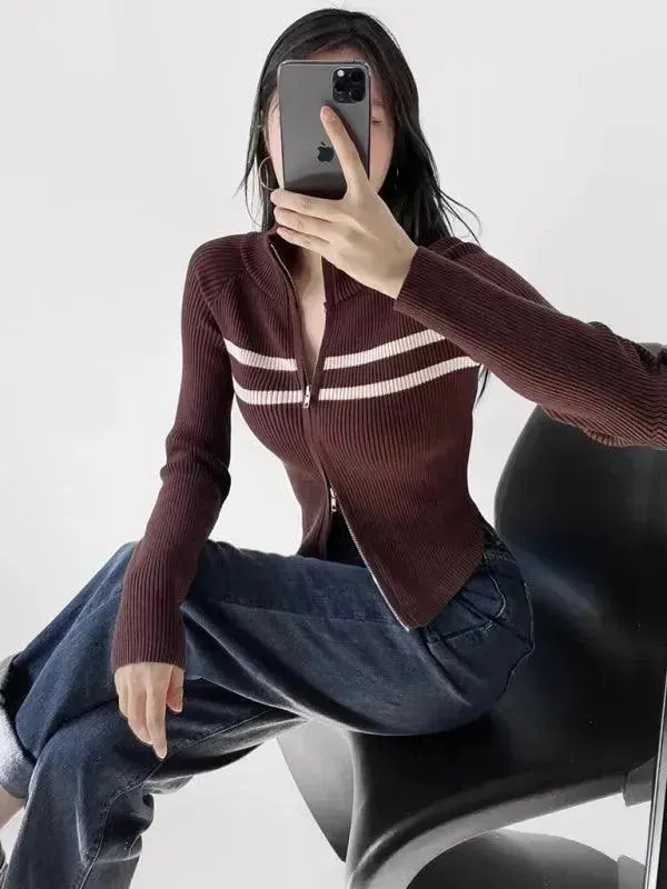 Zipper Striped Cardigan Sweater