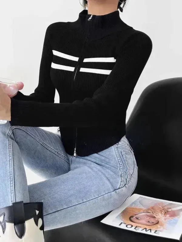 Zipper Striped Cardigan Sweater