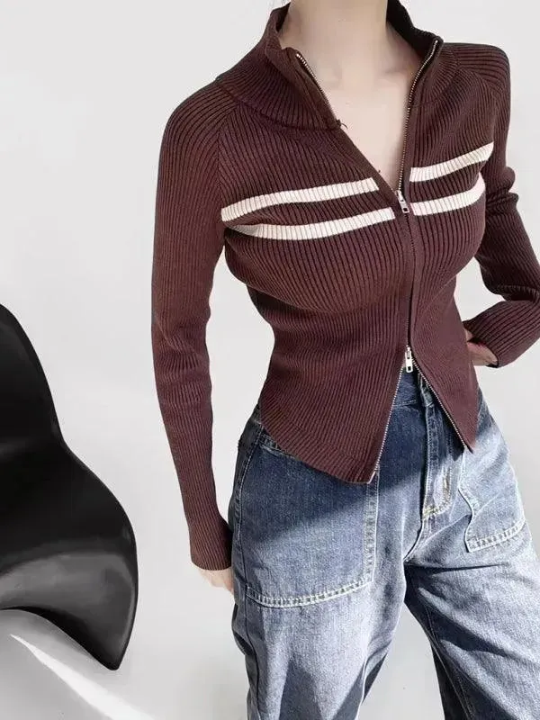 Zipper Striped Cardigan Sweater