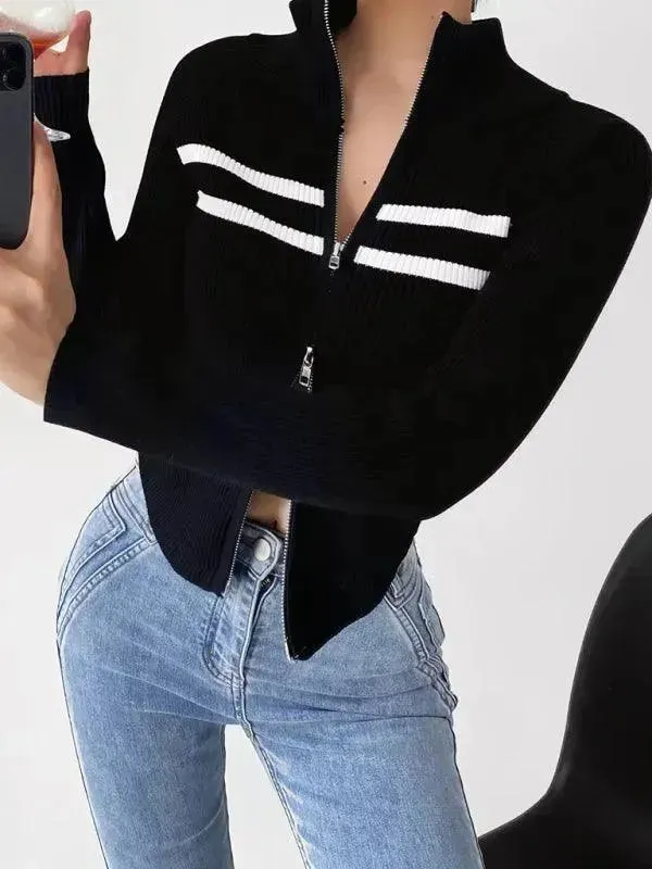 Zipper Striped Cardigan Sweater